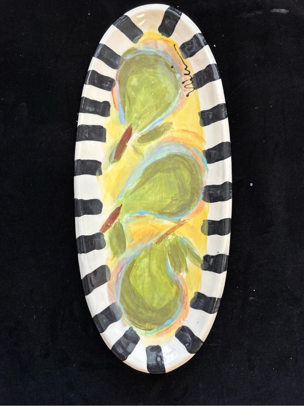 Handmade Ceramic Serving Tray Green Pears On Yellow Original Design 13”x5”
